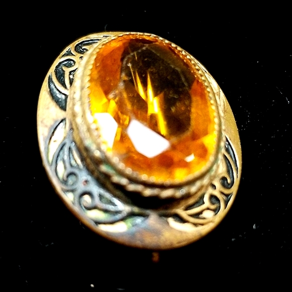 Vintage 1920s Art Deco Amber Citrine Glass Gold Tone Brooch - Picture 9 of 12